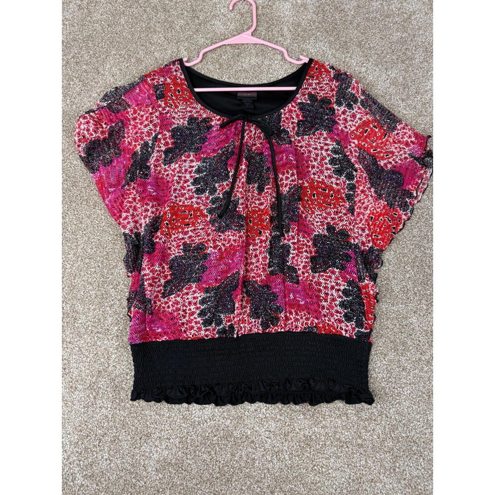 Y2K j.t.b. Women Pink Red Abstract Floral Smocked Waist Ruffle Blouse Large L